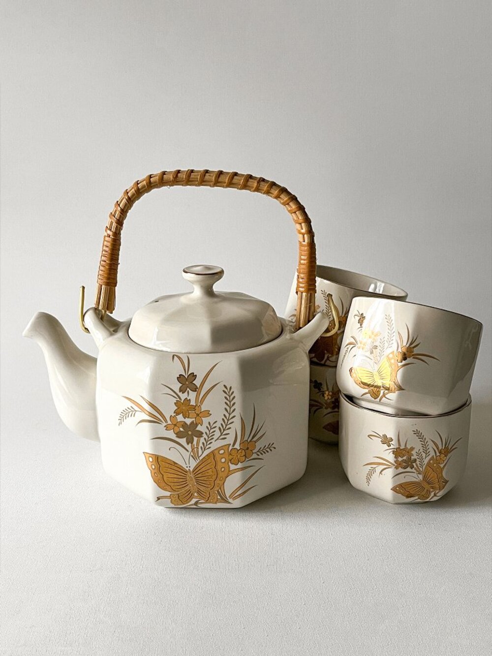 Vintage Japan OTAGIRI CHO-CHO Tea Set Gold Butterfly Floral Teapot and 4 Cups